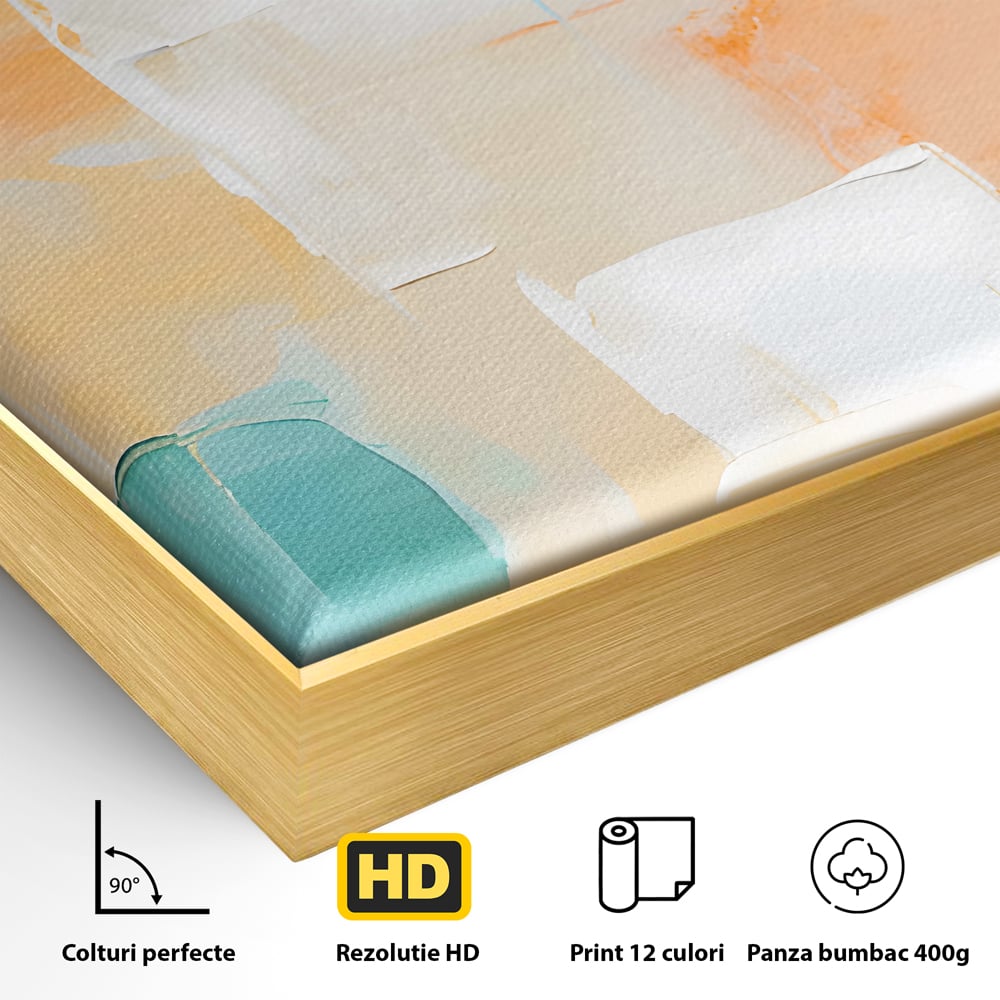 Detaliu al suprafetei: pictura abstracta cu pete colorate, in rama de aluminiu auriu